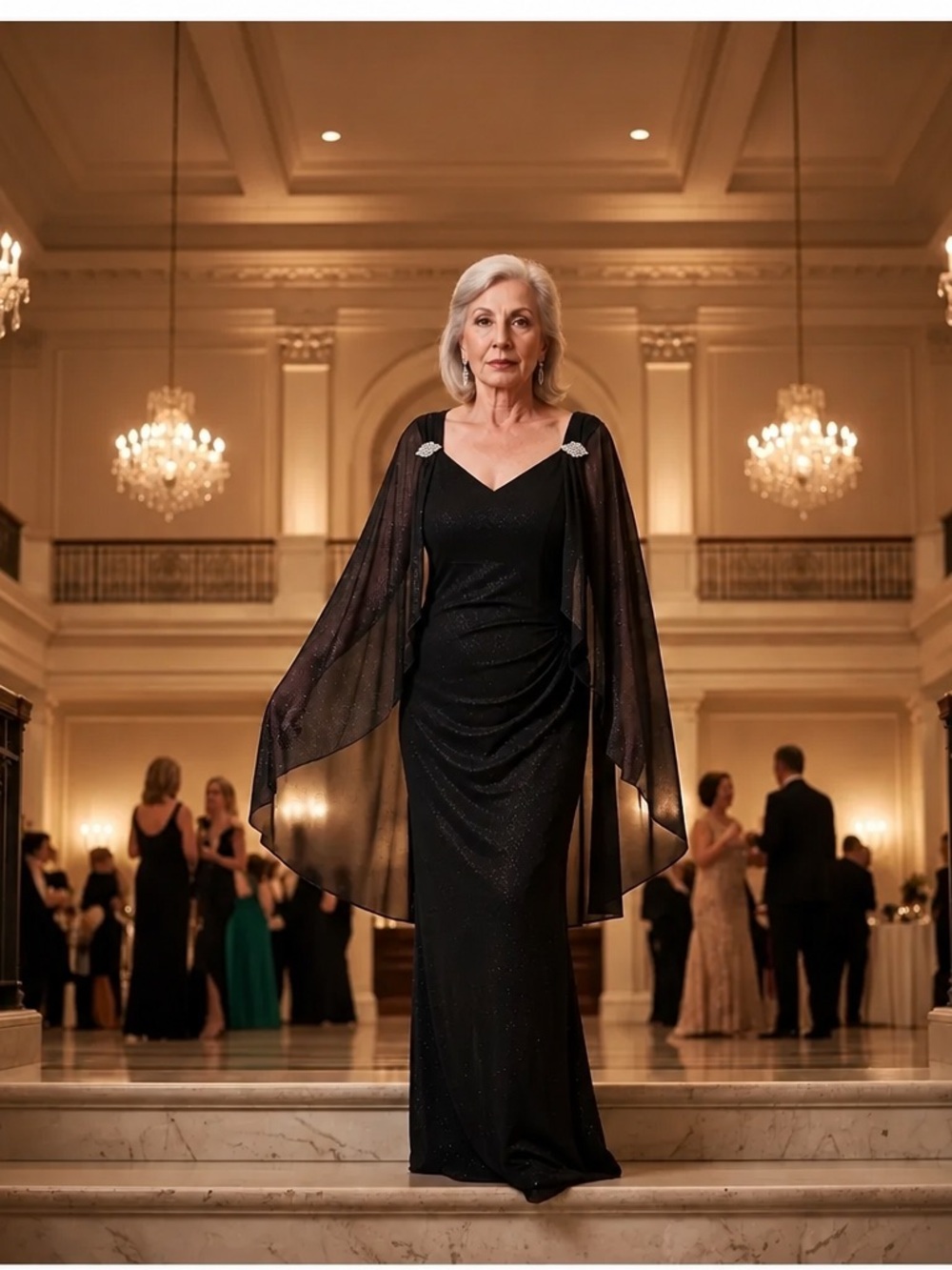 Elegant Black Evening Gown with Sheer Capelet